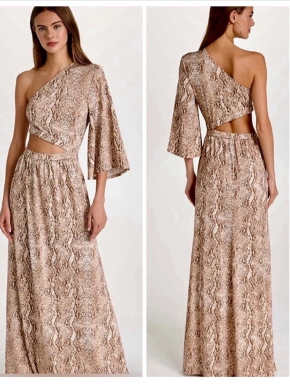 L'AGENCE One-Shoulder Snake-Print Maxi Dress in Beige and Cream, size medium